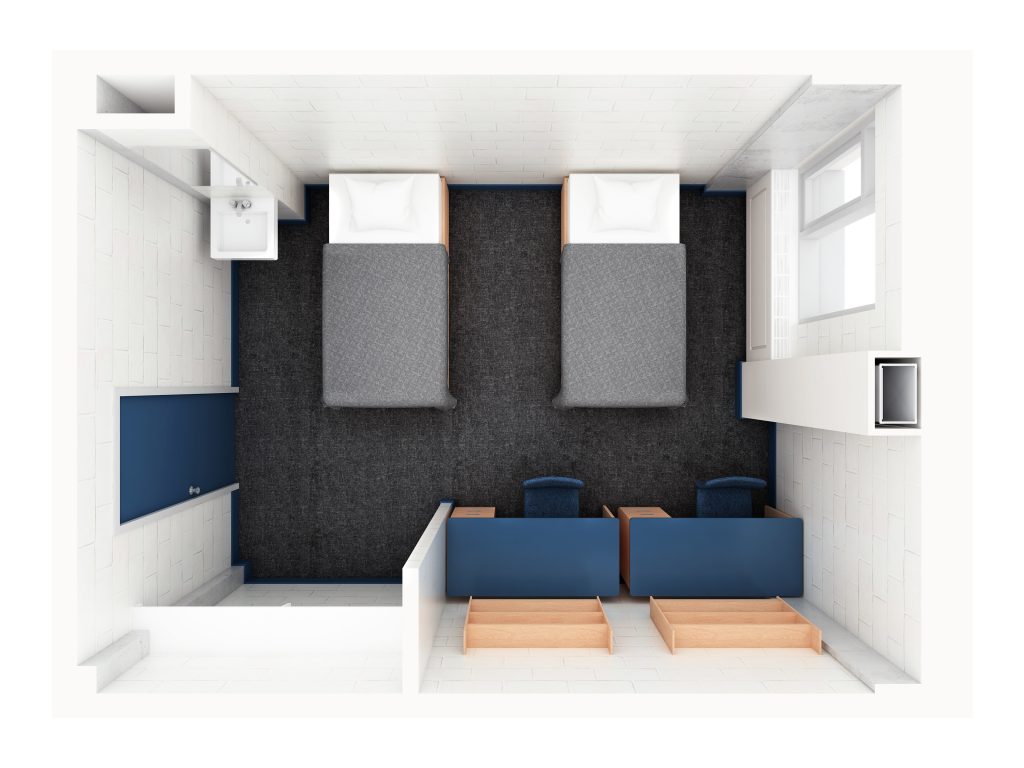 A 3D layout of a double room in Glengarry. There are two beds and two desks with a sink in the corner. This type of room does not share a bathroom with another double room. There are communal washrooms on the floor.