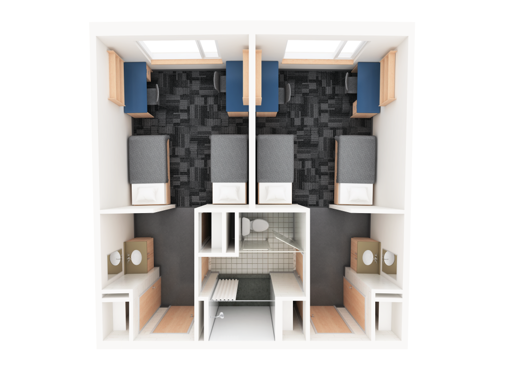 A 3D layout of a double traditional room in Stormont. Each side features two beds, two desks, and a sink, with a shared bathroom located in the center.