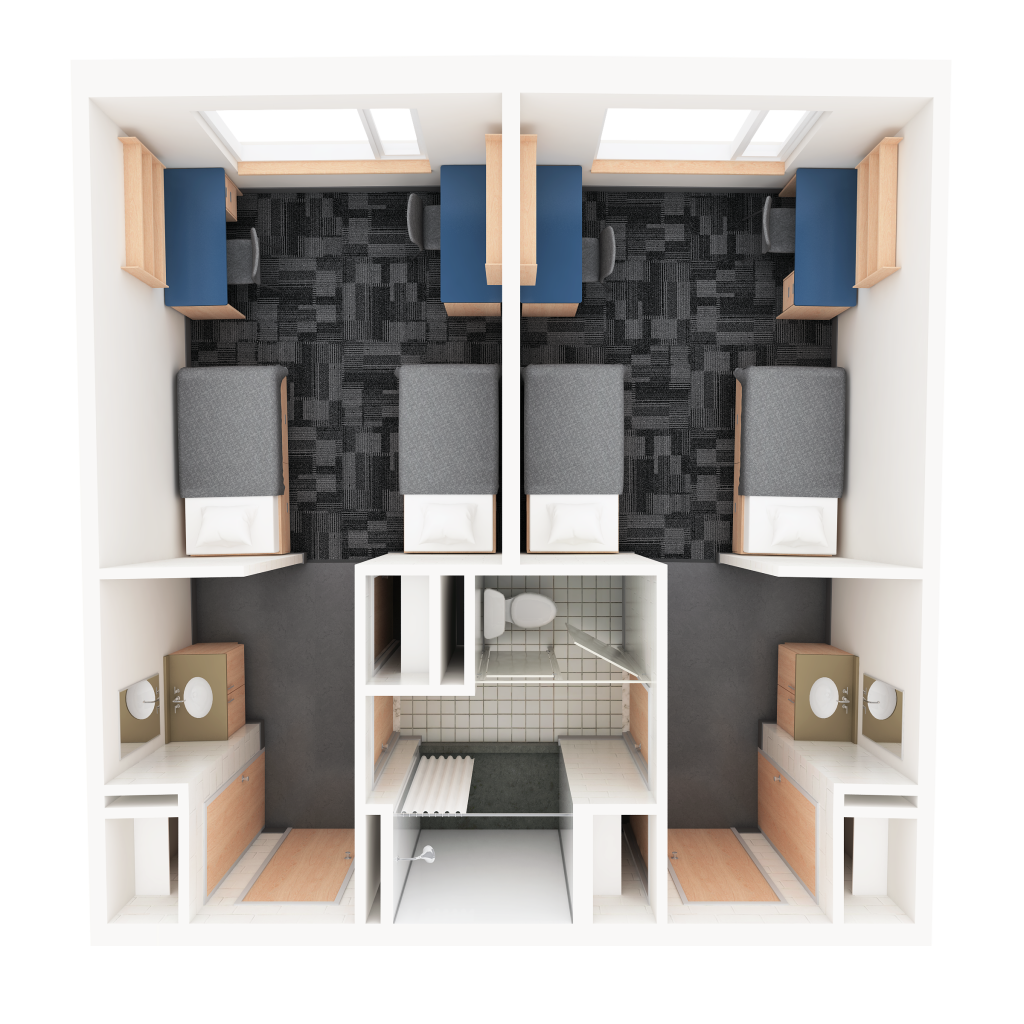 A 3D layout of a double traditional room in Stormont. Each side features two beds, two desks, and a sink, with a shared bathroom located in the center.
