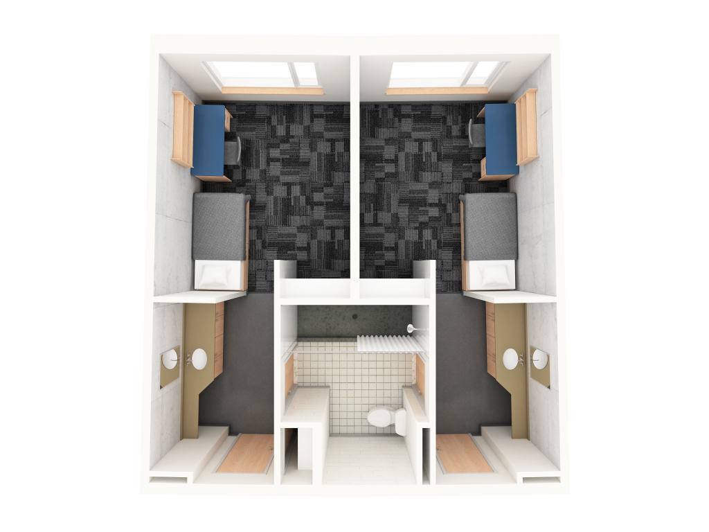 A 3D layout of a single suite style room in Stormont. Each side features a bed, a desk, and a sink, with a shared bathroom located in the center.