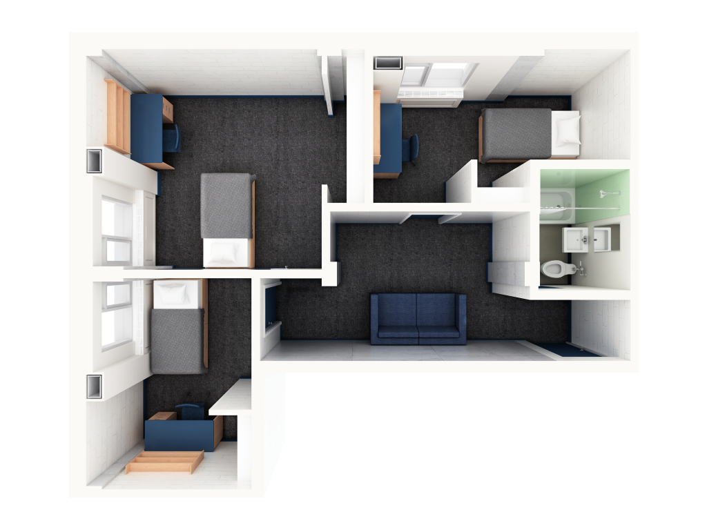 A 3D layout of a three-bedroom pod in Glengarry. Each room has a bed and a desk. The rooms surround a common area with a couch and a bathroom.