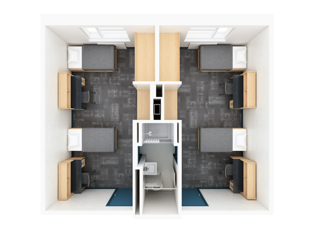 A 3D layout of a double traditional room in Grenville. Each side features two beds and two desks, with a shared bathroom located in the center.
