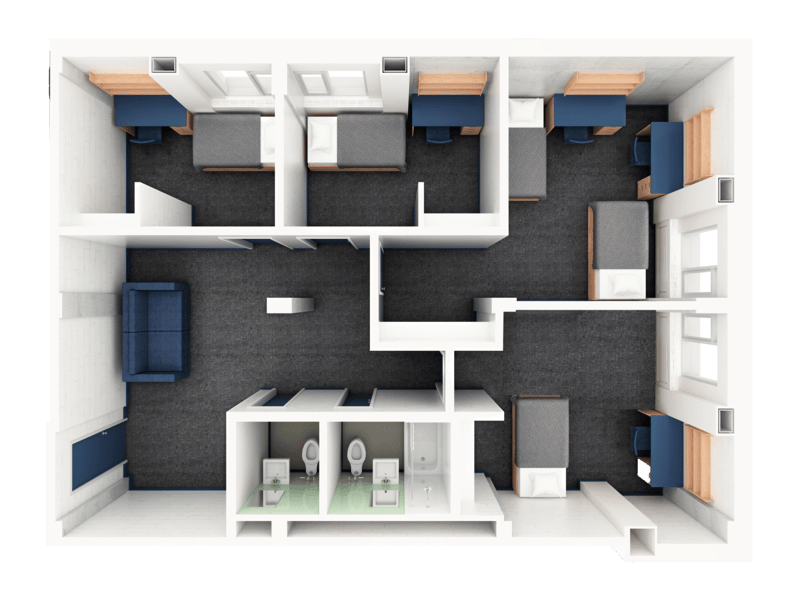 A 3D layout of a four-bedroom pod in Glengarry. There is one double room and 3 single rooms. The rooms surround a common area with a couch and two bathrooms.