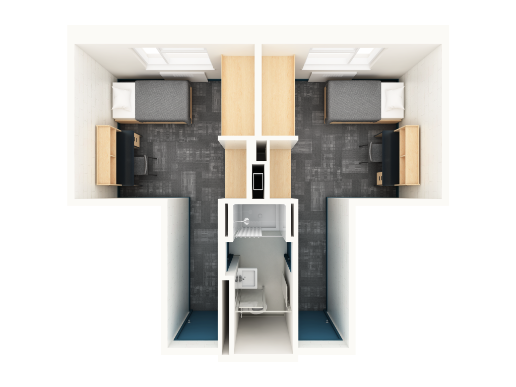 A 3D layout of a single suite style room in Grenville. Each side features a bed and a desk, with a shared bathroom located in the center.