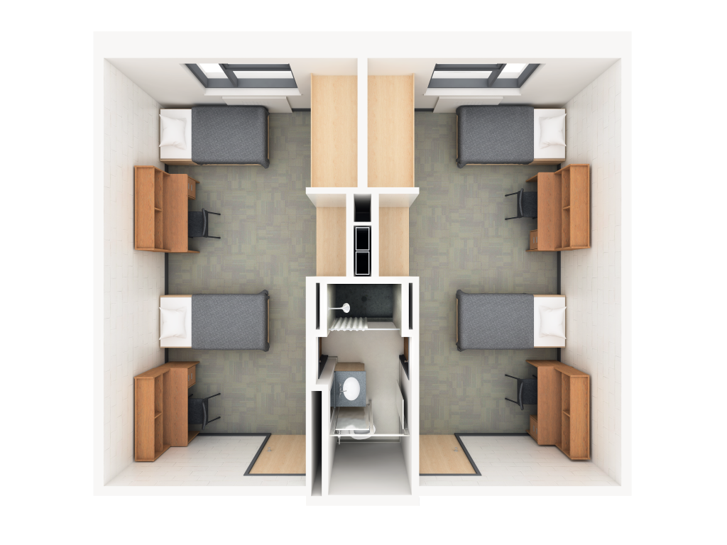 A 3D layout of a double traditional room in Lanark. Each side features two beds and two desks, with a shared bathroom located in the center.