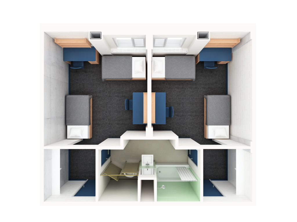 A 3D layout of a double traditional room in Glengarry. Each side features two beds and two desks, with a shared bathroom located in the center.