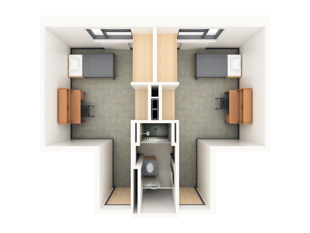 A 3D layout of a single suite style room in Lanark. Each side features a bed and a desk, with a shared bathroom located in the center.