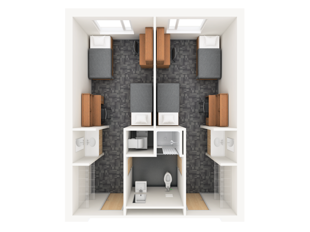A 3D layout of a double traditional room in Lennox and Addington. Each side features two beds, two desks, and a sink, with a shared bathroom located in the center.