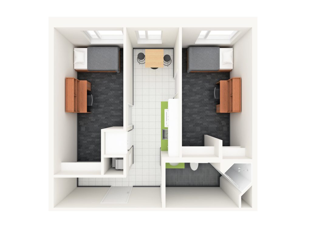 A 3D layout of two single suite style rooms in Frontenac House. Each side has a bed and a desk, with a shared bathroom and kitchen located in the center.