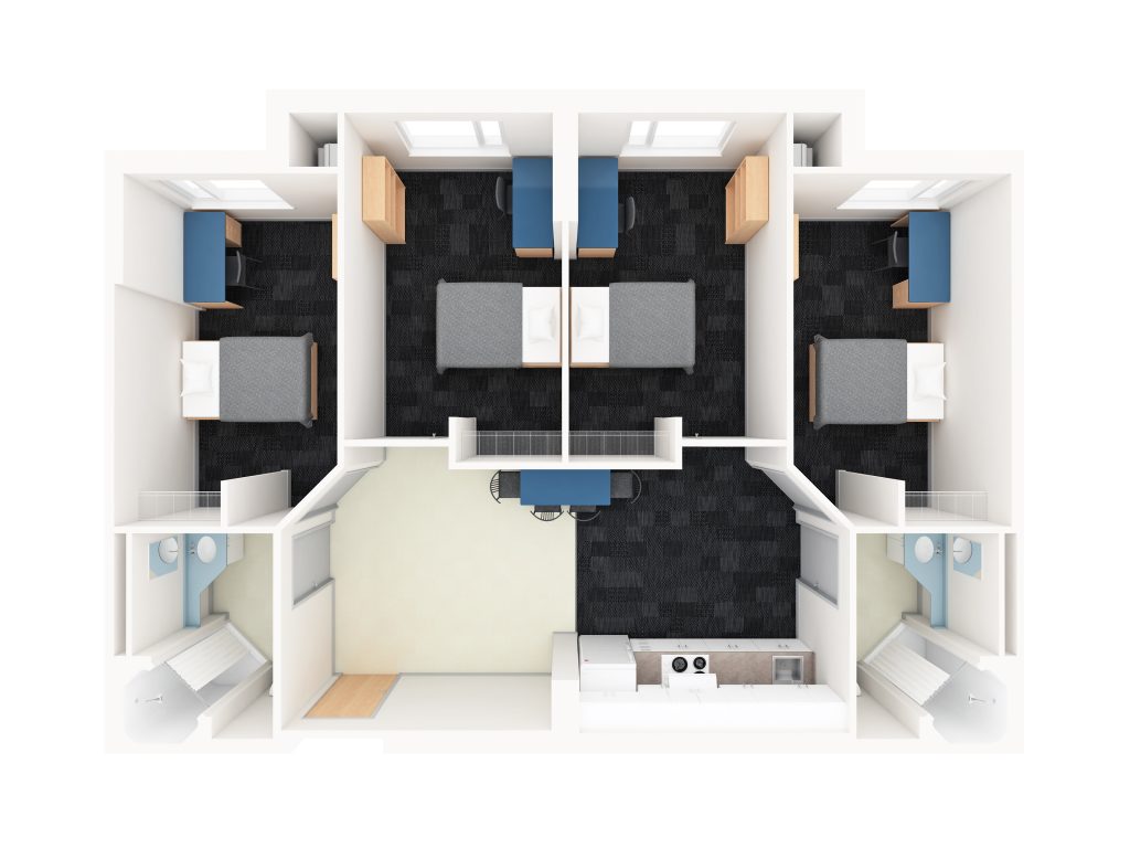 A 3D layout of a four single bedroom suite in Leeds House. The rooms surround a shared common area and kitchen. There are two bathrooms on opposite sides on the room.