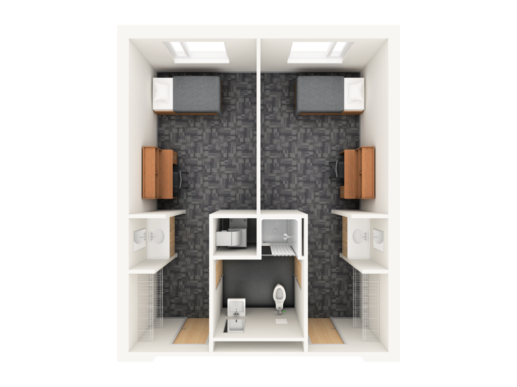 A 3D layout of a single suite style room in Lennox and Addington. Each side features a bed, a desk, and a sink, with a shared bathroom located in the center.