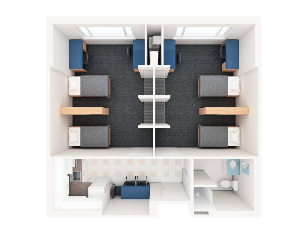 A 3D layout of a suite-style double room in Prescott. Each side features two beds and two desks, with a shared bathroom and kitchen located at the front.
