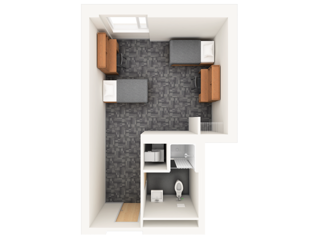 A 3D layout of a double room with a private washroom in Glengarry. The room has two beds and two desks with a washroom located at the front.