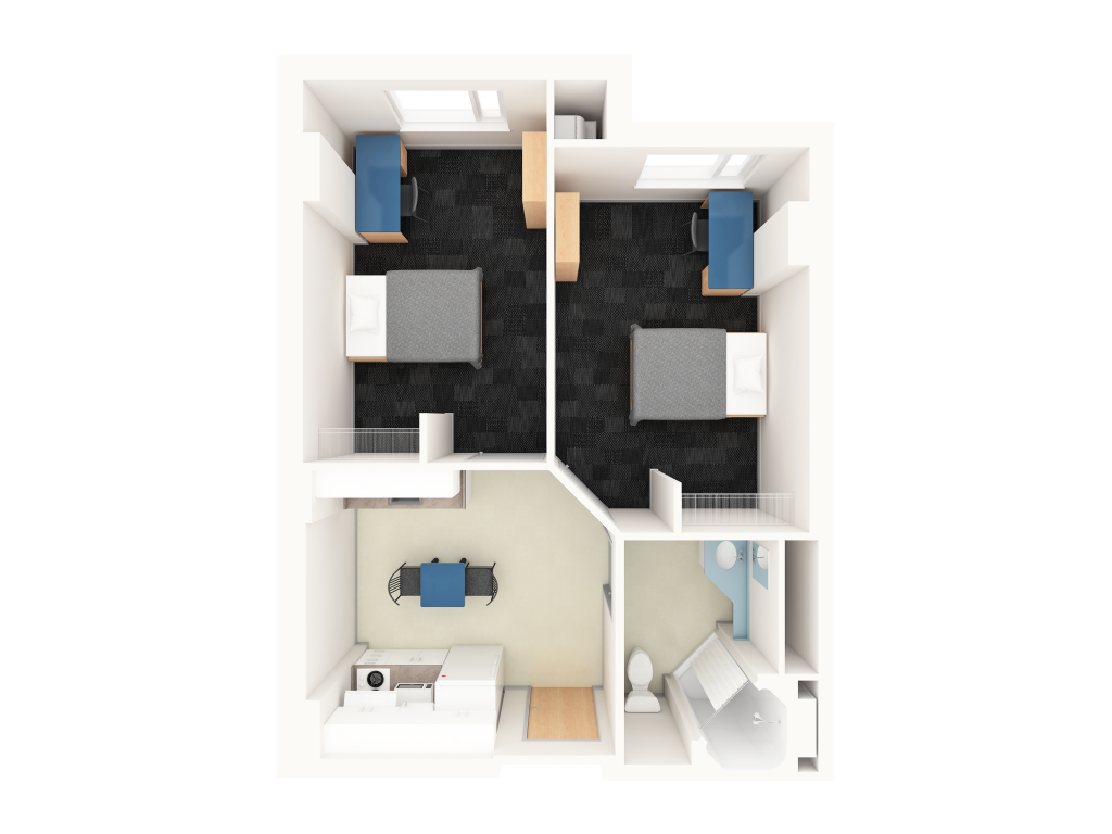 A 3D layout of a two-bedroom suite in Prescott. Each side features a bed and a desk, with a shared bathroom and kitchen located at the front.
