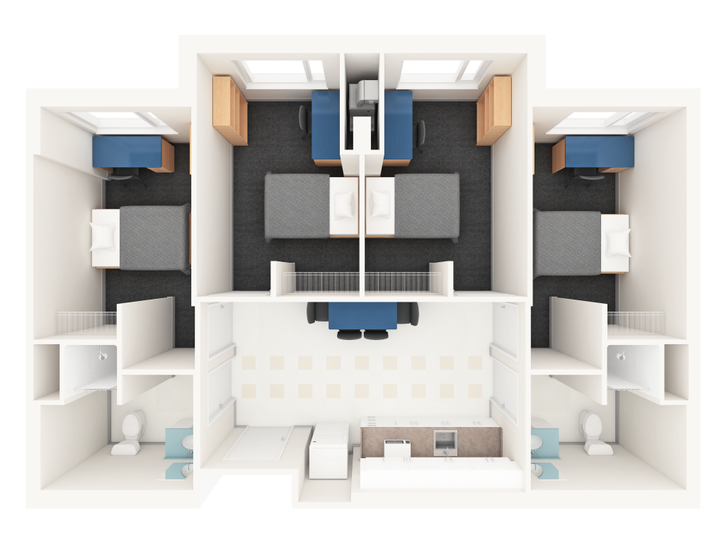 A 3D layout of a four-bedroom suite in Prescott. Each room has a bed and a desk. The rooms surround a common area with a kitchen and two bathrooms.