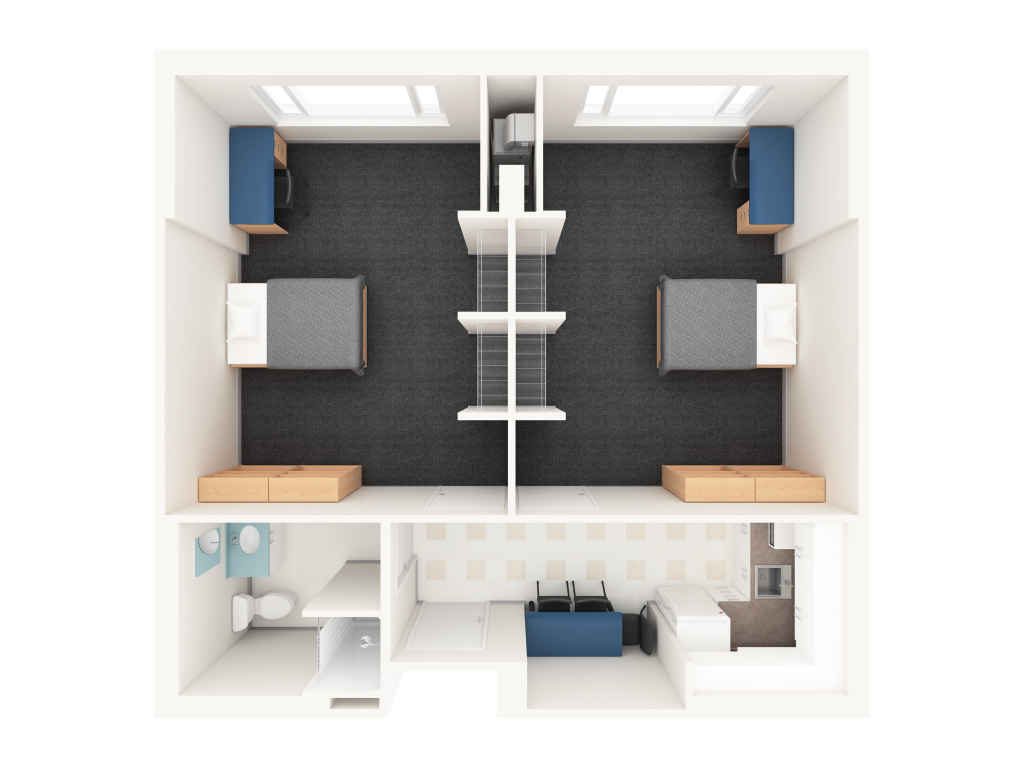 A 3D layout of super single rooms in Prescott. Each side features a bed and a desk, with a shared bathroom and kitchen located at the front.