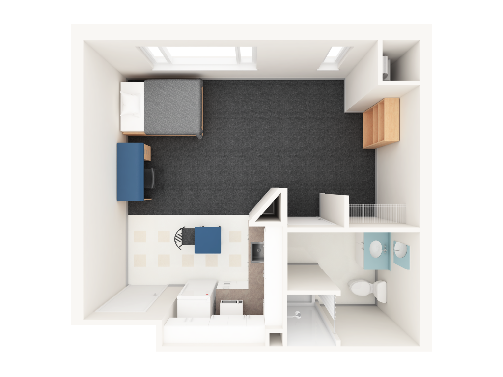 A 3D layout of a studio-style dorm room in Prescott. The room has a bed and a desk and is a completely self-contained unit, with a bathroom and kitchen.