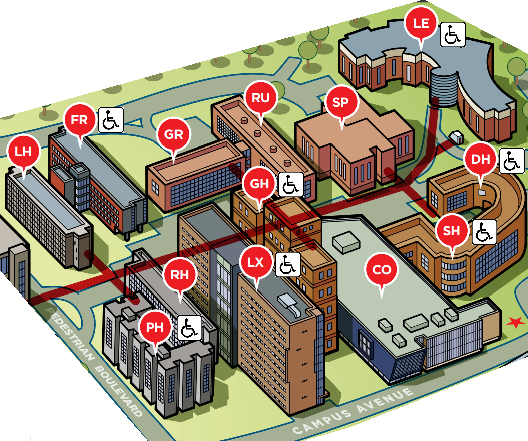Map of the residence buildings including where accessible suites are located.