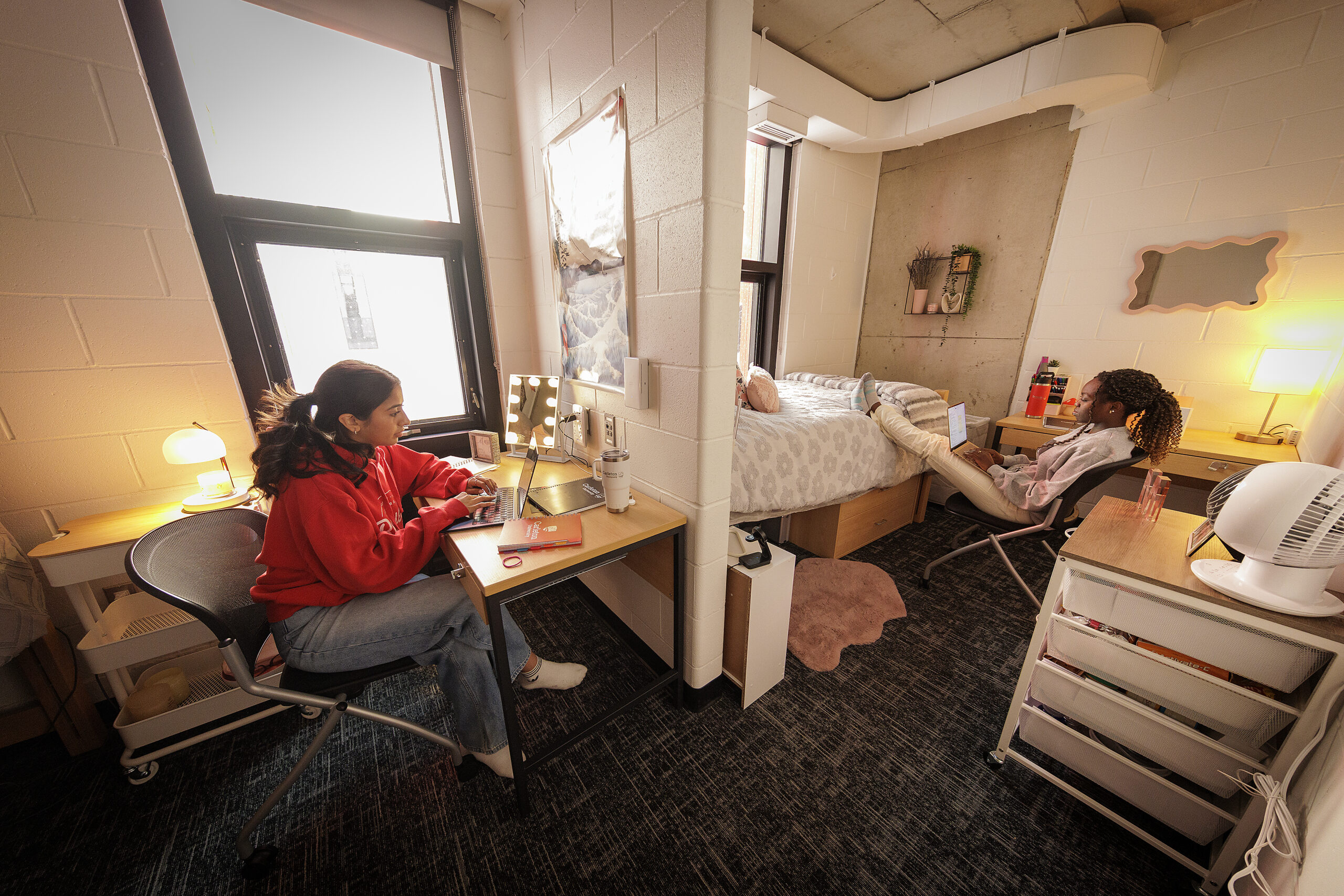 Two girls studying in a Rideau House Dorm Double Room 