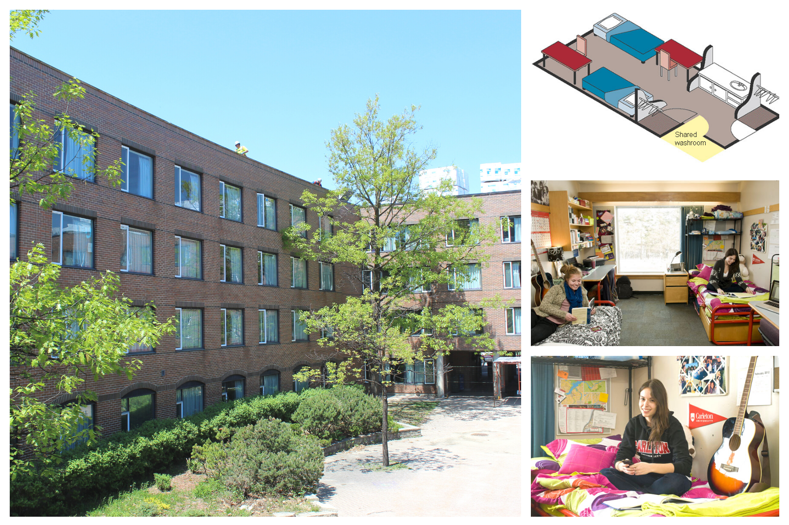 Images of Dundas House with floor plan and rooms. Building details: Opened in 1991, renovated in 2015, 4 floors, 1 elevators, 262 residents, 4 accessible spaces, mandatory meal plan