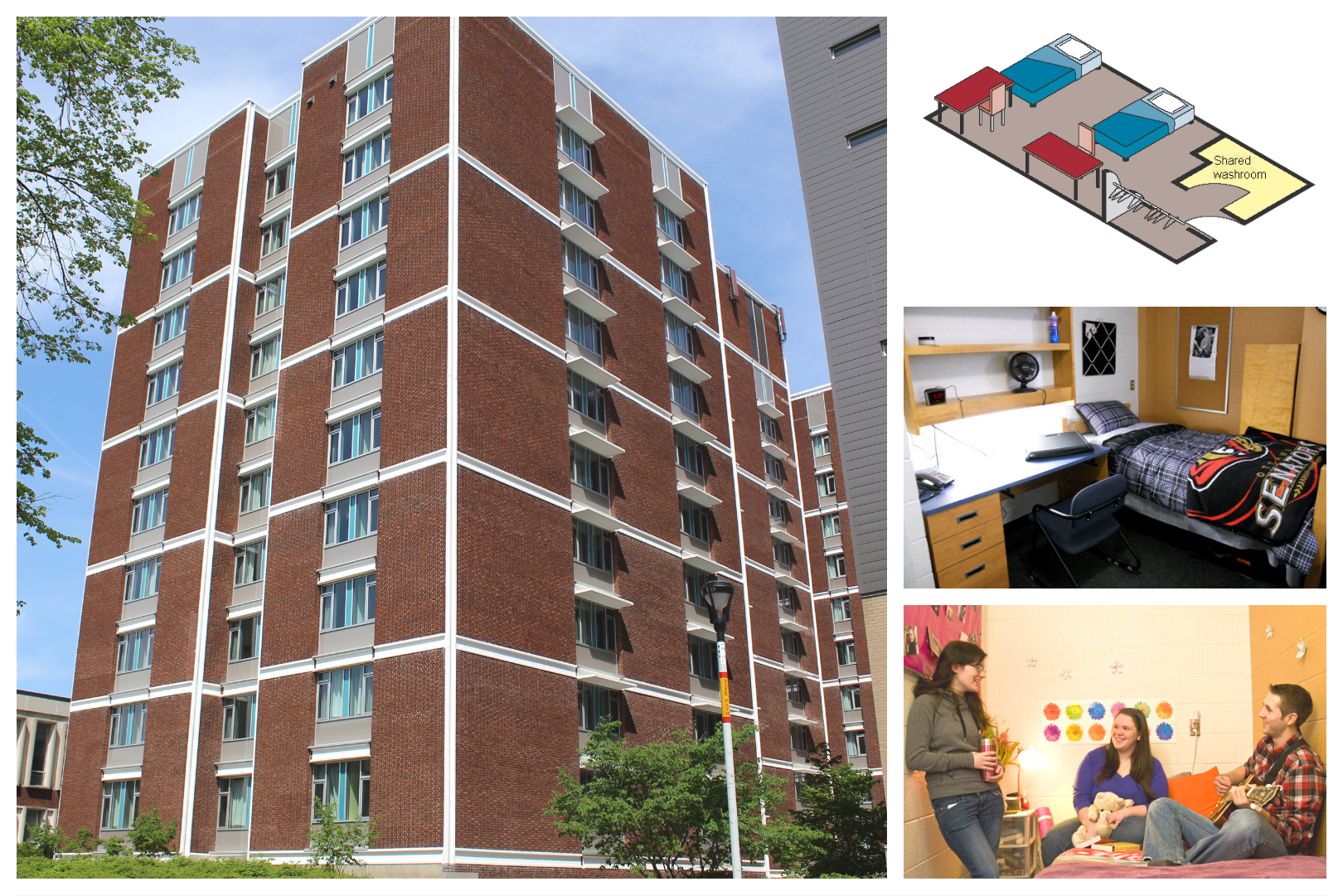 Images of Glengarry House with floor plan and rooms. Building details: Opened in 1969, renovated in 2005, 11 floors, 3 elevators, 614 residents, 3 accessible spaces, mandatory meal plan