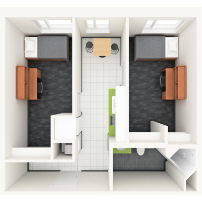 Overhead layout of two single dorm rooms featuring one bed per side, a study desk, and a shared bathroom and kitchen in the center.