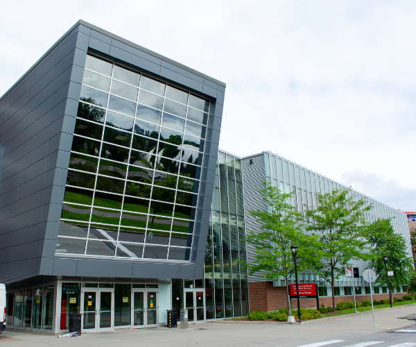 The exterior of a glass modern building