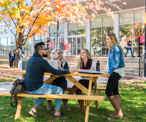 A group of students sitting at an outdoor picnic table