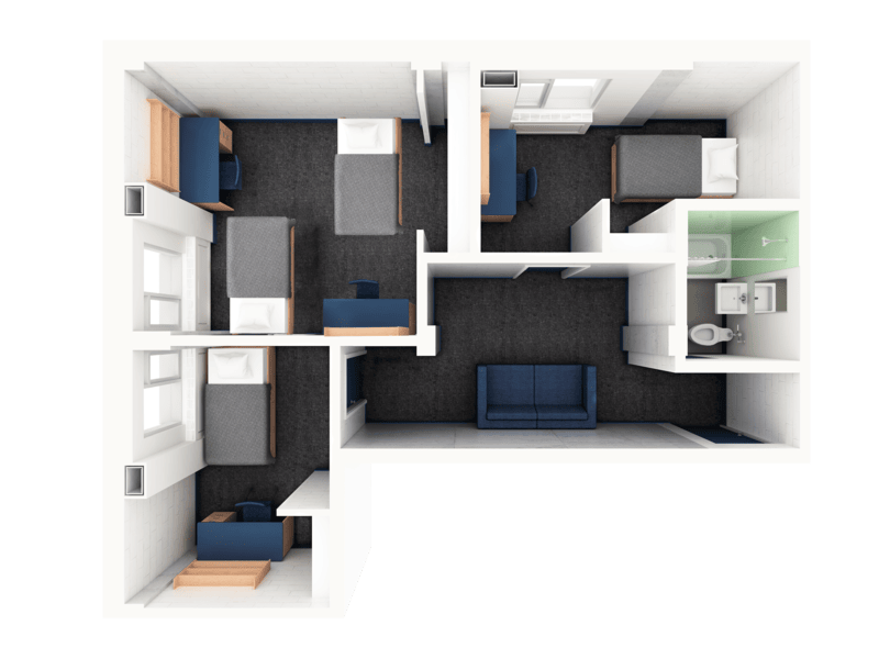 A 3D layout of a three-bedroom pod in Glengarry. There are two single rooms and one double room. The rooms surround a common area with a couch and a bathroom.