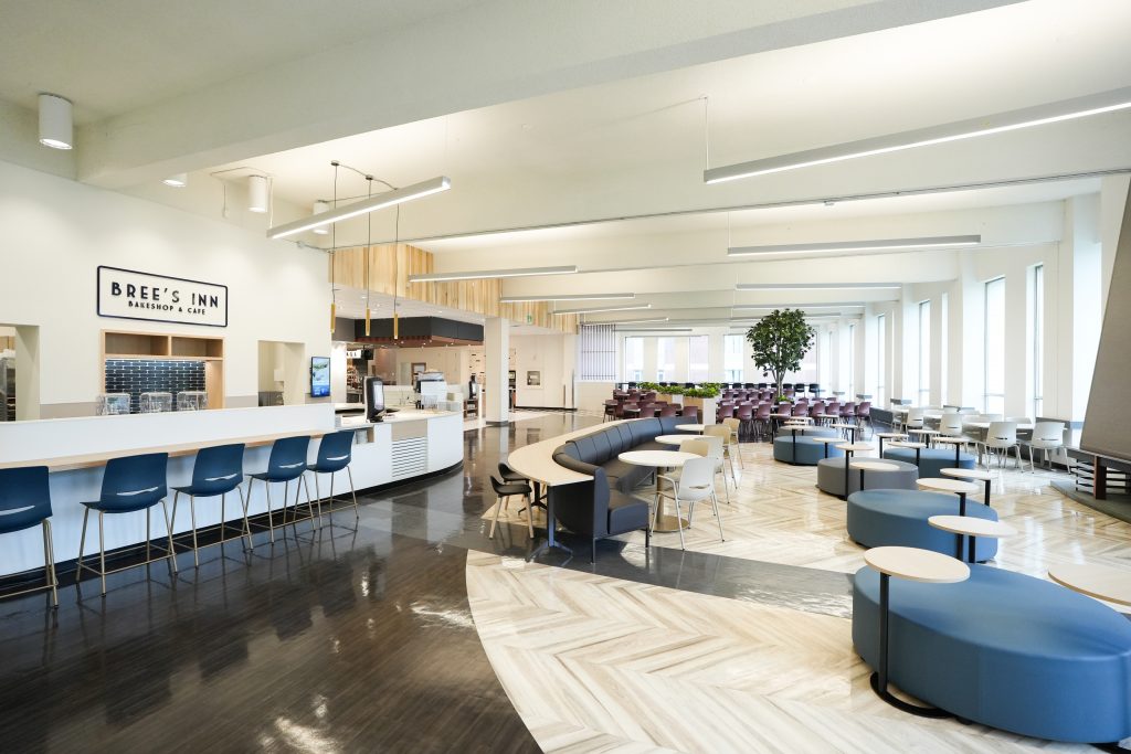 Blue sitting area in dining hall